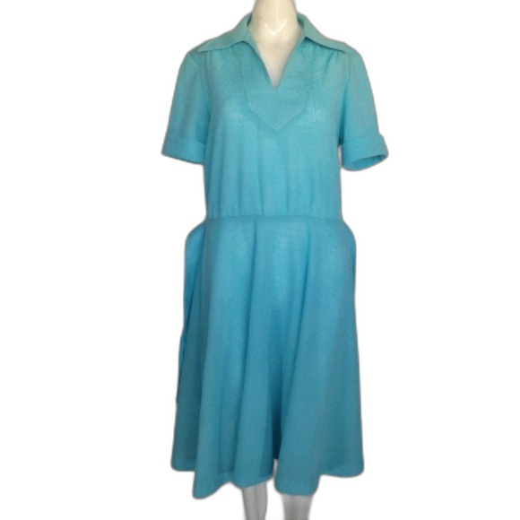 KAY WINSOR Day Dress, L, Aqua Blue, Short sleeves, Dagger collar, VINTAGE - Picture 10 of 13